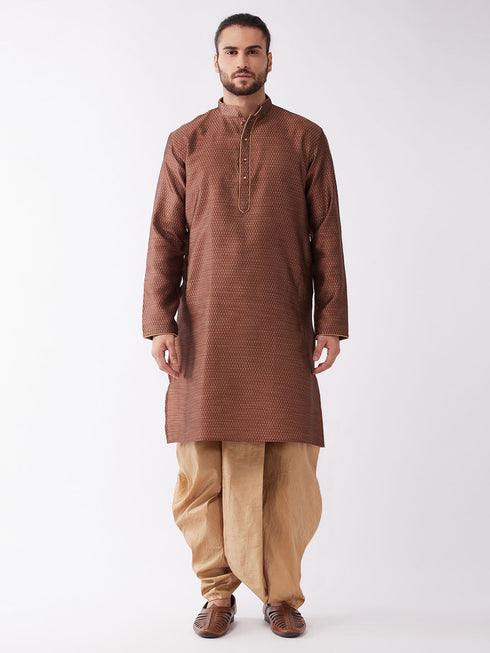 Vastramay Men's Maroon And Rose Gold Silk Blend Kurta And Dhoti Set